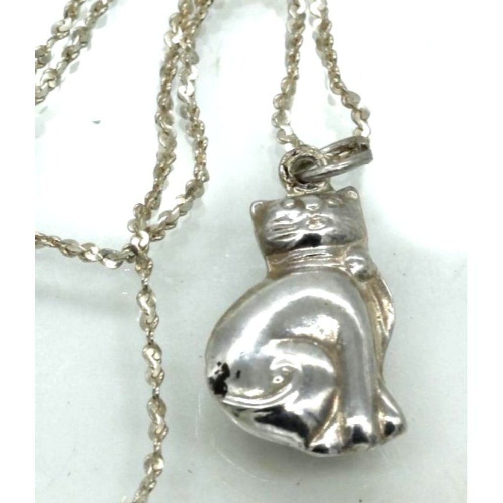 925 STERLING puffy CAT pendant 16" chain necklace VINTAGE Italy w/ patina 2.6 gr